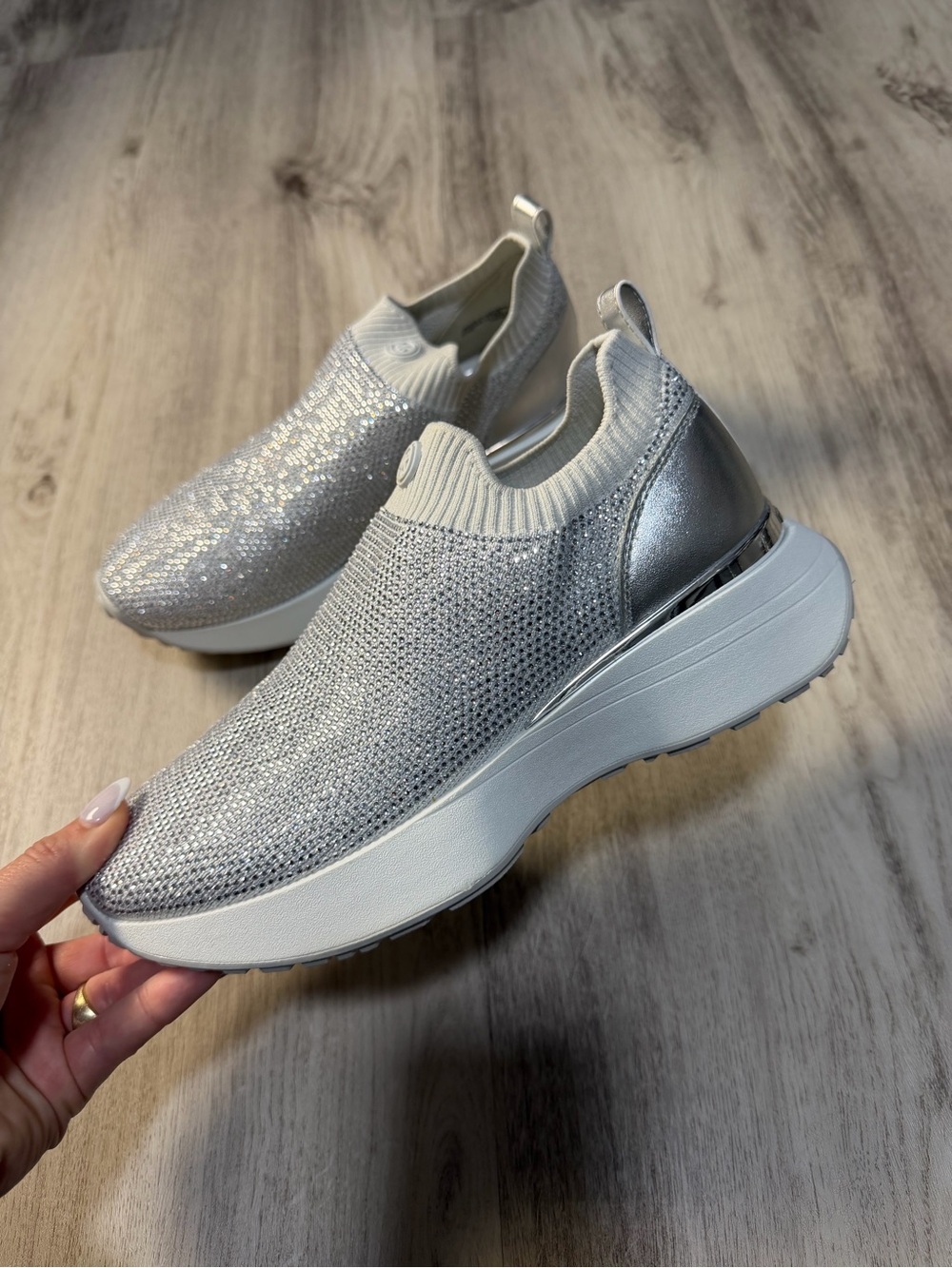 Michael Kors Silver Knit Platform Slip-On Sneakers